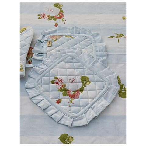 L'ATELIER 17 Set of 2 kitchen pot holders "ALICE" in pure cotton with checked and striped frill, shabby chic Provençal style 20x20 cm
