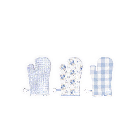 TISSU NUAGES Gant de cuisine CAMILLE coton bleu clair 3 motifs 19x32 cm
