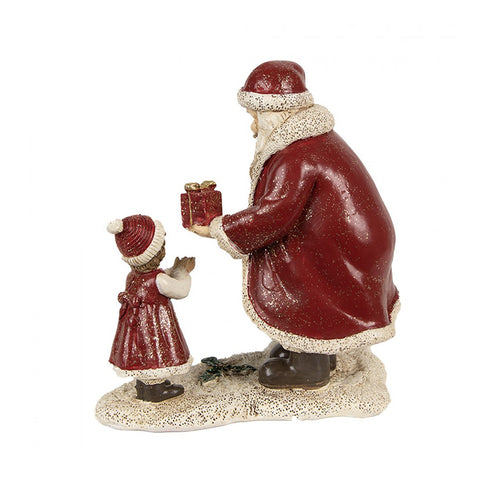 Clayre &amp; Eef Père Noël avec petite fille et cadeaux en polyrésine 14x9xh14 cm