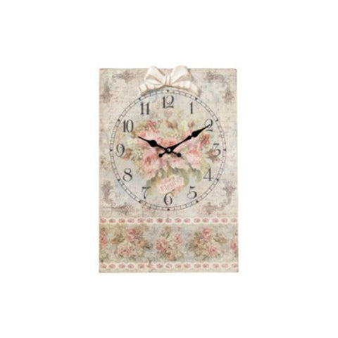 L'arte di Nacchi Wall clock in mdf wood with roses and bow in relief in wood pulp with antique effect made in Italy, Vintage Shabby Chic