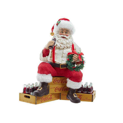 KURTADLER Père Noël Vintage Figurine de Noël assis sur des caisses de Coca-Cola H22.86cm