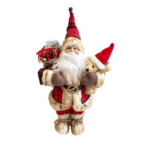VETUR Decorazione Natalizi Statuetta Babbo Natale con orsetto tessuto rosso 30cm
