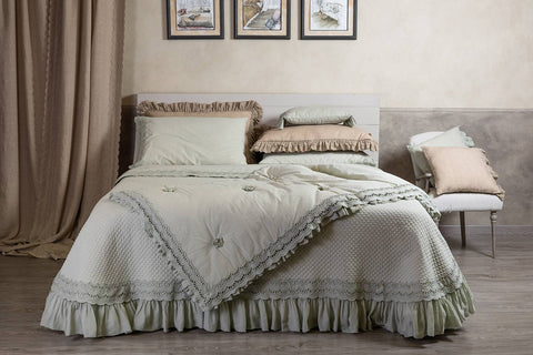 OPIFICIO DEI SOGNI White spring double quilt in cotton with san gallo lace and rouches, Made in Italy