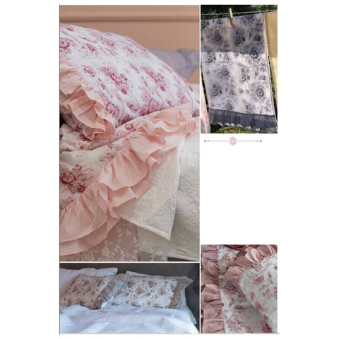 L'ATELIER 17 Parure de lit simple et demi, été en pur coton avec imprimé floral et volants, Shabby Chic "Angelica" produit artisanal cousu à la main 4 variantes