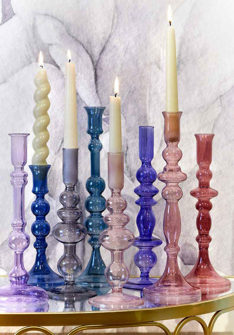 Fade Candeliere singolo da tavolo in vetro borosilicato bluette "Color glass" Glamour h26 cm