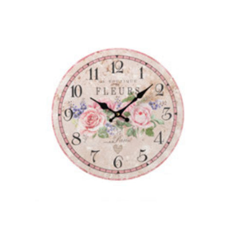 L'ART DI NACCHI Horloge murale rose avec décoration rose en MDF shabby chic Ø34 cm
