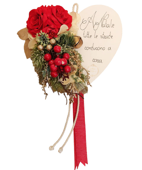 MATA CREAZIONI Targhetta cuore natalizia da appendere con rose e vischio Ø22xh20cm