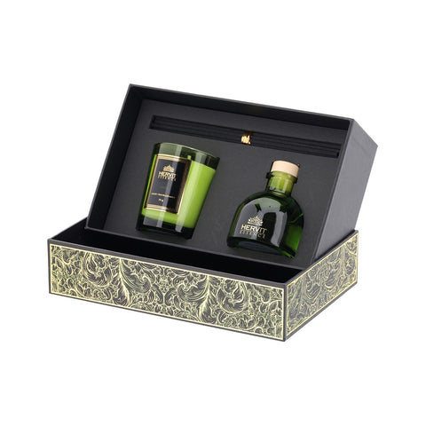 HERVIT MOON fragrance set candle and room fragrance green glass 50ml 7x8 cm