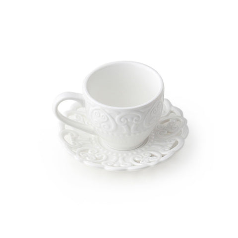 Hervit Set 2 Tazzine da caffè e piattini in porcellana bianca traforata Ø6,5 cm