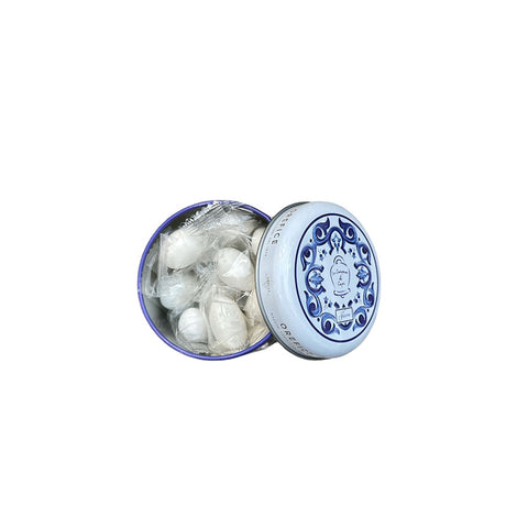 SHARON Scatola rotonda in latta bianco/blu, portaconfetti made in italy idea bomboniera