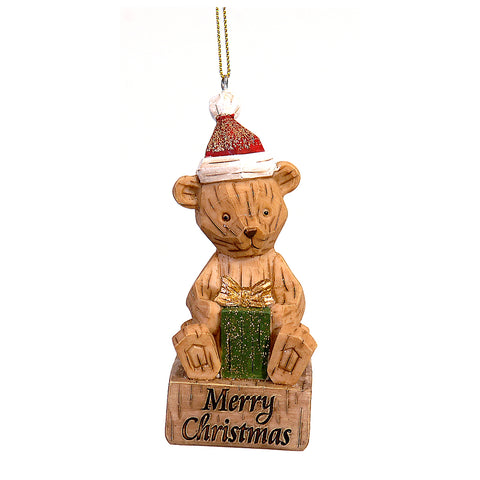 VETUR Decoro natalizio Orso in legno con cappello e pacco regalo da appendere 10 cm