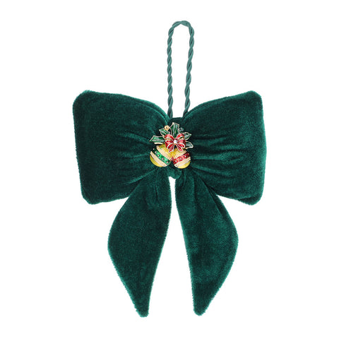 HERVIT Christmas bow with bell brooch to hang in green velvet 14x18