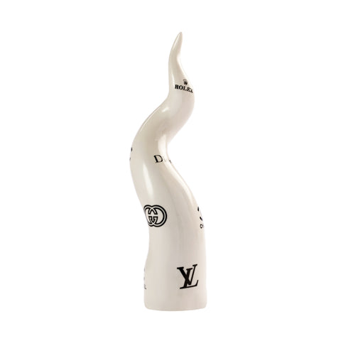 SBORDONE Lucky horn in white porcelain with black logos 6xh26 cm