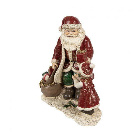 Clayre &amp; Eef Père Noël avec petite fille et cadeaux en polyrésine 14x9xh14 cm