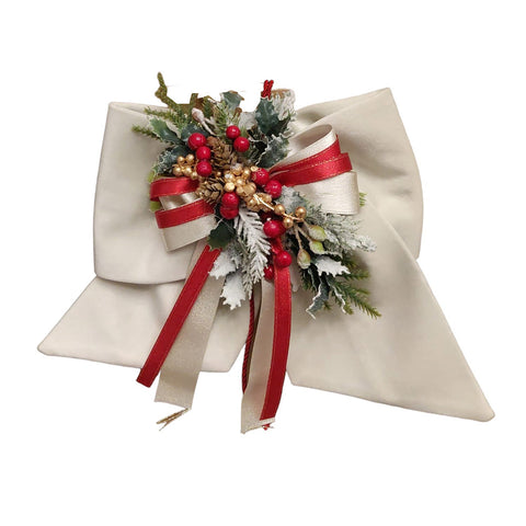 FIORI DI LENA White velvet bow with snowy pine, acorns and berries decoration H25cm