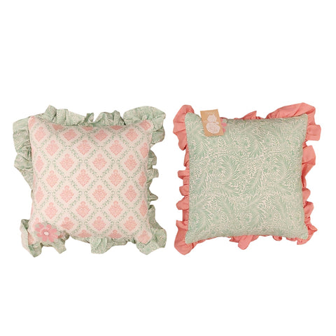 L'ATELIER 17 Cuscino arredo decorativo quadrato, rosa e verde con balza, "PICCADILLY" Shabby Chic 40x40 cm 2 varianti