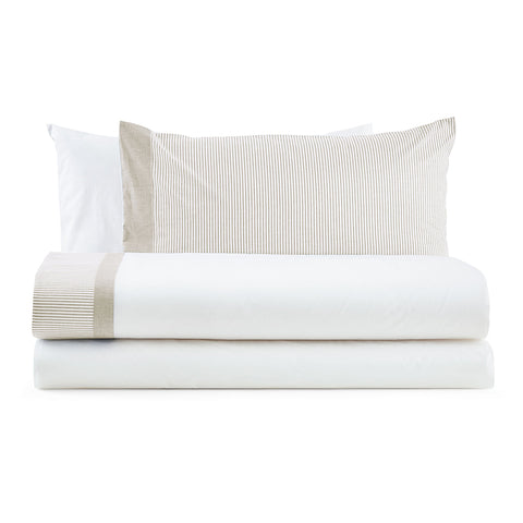 Parure de lit simple en coton rayé Blanc Perle + taie d'oreiller "Giava" 2 variantes