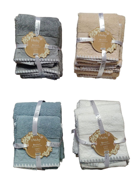 L'ATELIER 17 Set 2 asciugamani da bagno più 2 Ospite jacquard in spugna di cotone con ornamenti, collezione "Rococò" Shabby Chic 5 varianti