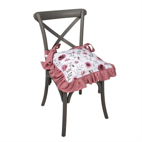 CLAYRE E EEF Set 2 copricuscini sedia con rouches bianco con fiori rosa 40x40 cm