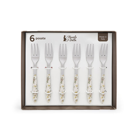 CLOUDS OF FABRIC Set 6 dessert forks cutlery with flowers in Clarissa stainless steel