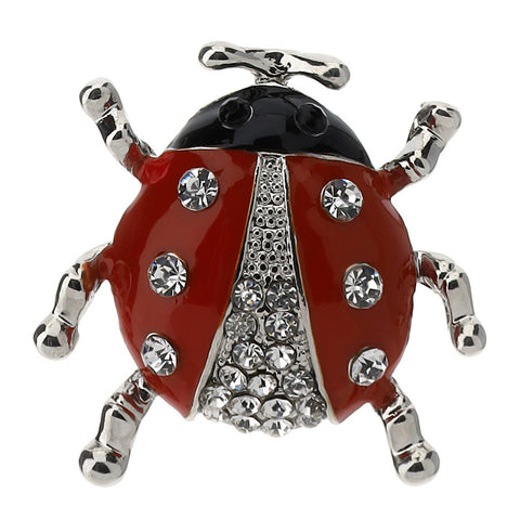 Hervit Red ladybug jewel brooch with silver base 3 cm