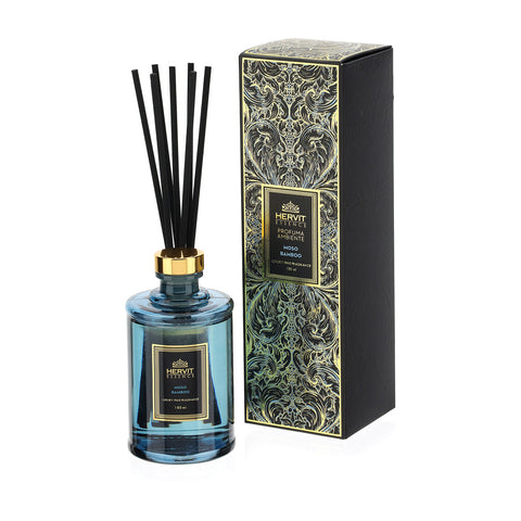 HERVIT Idée cadeau Parfum d'ambiance en BAMBOU MOSO coffret verre bleu et or 180ml