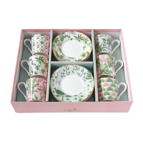 EASY LIFE Set of 6 coffee cups with saucers WILD TROPICAL pink porcelain 100ml