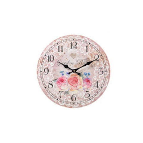 L'ARTE DI NACCHI Orologio da parete decoro floreale rosa in legno MDF shabby chic Ø34 cm