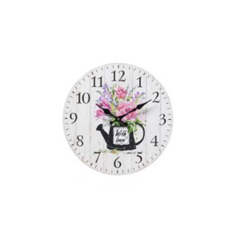 L'arte di Nacchi Wall clock in mdf wood with watering can and colorful flowers, Vintage Shabby Chic