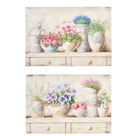 FABRIC CLOUDS Rectangular living room wall picture with colored flowers in vintage wood, Shabby Chic Rules 2 variants