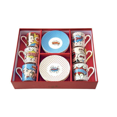EASY LIFE Set of 6 coffee cups with saucers in multicolor POP ART gift box 100 ml