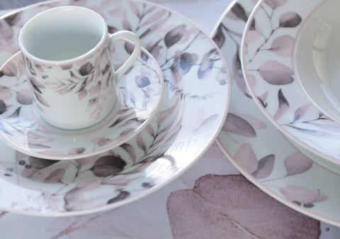 HERVIT Set of two coffee cups with pink saucer in Botanic porcelain Ø9x5 cm