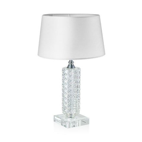 Emò Italia Lampe de table en pur cristal transparent fabriquée en Italie avec abat-jour en tissu blanc, ligne "Ice" moderne et classique