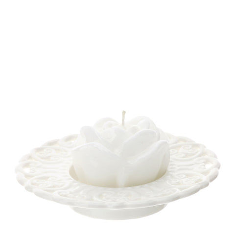 HERVIT Porcelain candle holder plate with flower-shaped candle Ø13 cm
