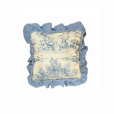 CHARME Light blue and white square cushion with Toile de jouy ruffles 35x35 cm
