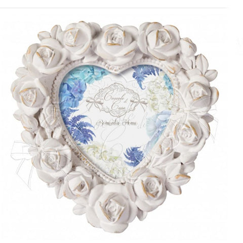 COCCOLE DI CASA Cornice portafoto a cuore HEART ROSE fiori resina bianco 6,5x6cm