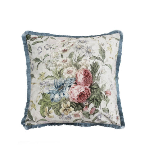 BLANC MARICLO' Coussin en velours à franges motifs fleurs ivoire 45x45 cm