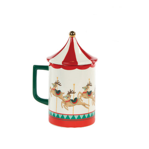 GOODWILL Tazza Mug tema circo con coperchio in porcellana bianco e rosso 15,5 cm