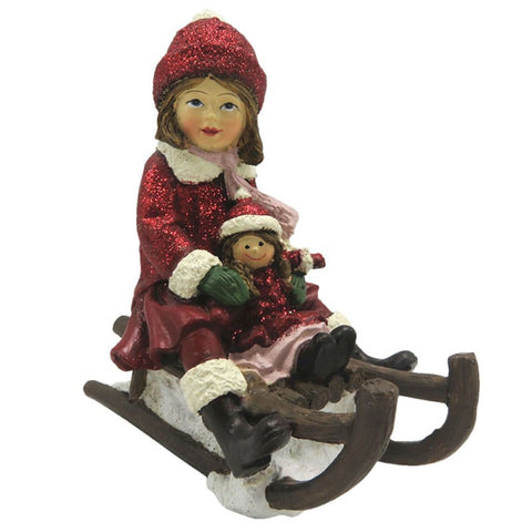 CLAYRE E EEF Decoration Christmas decoration girl with sled and doll 10x5x10