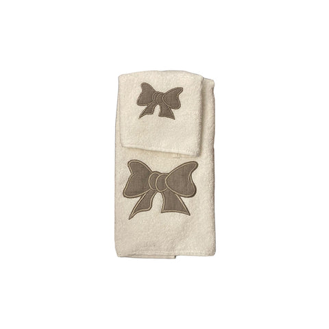 BLANC MARICLO' Set spugna 2 asciugamani di cotone bianco con fiocco tortora