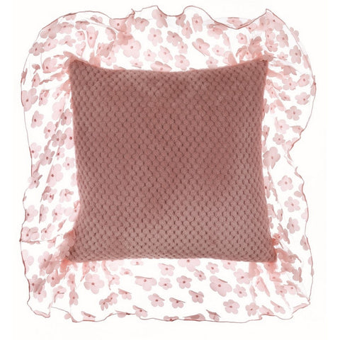 BLANC MARICLO' Velvet cushion with lace flounce with pink flowers 40x40cm