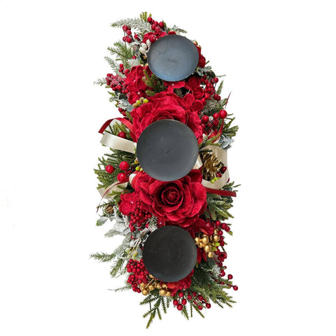 FIORI DI LENA Centrotavola natalizio 3 fiamme rose vellutate e fiocchi di nastri rosso L65 cm