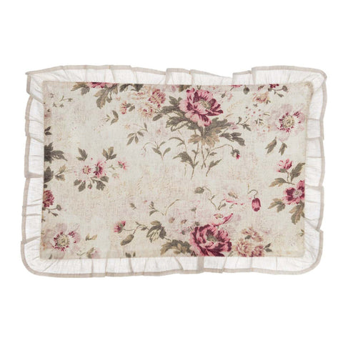 BLANC MARICLO' Set 2 rectangular placemats with flowers with linen border 33x48 cm