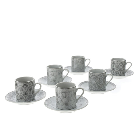 HERVIT Set Box 6 cups and saucers with gray floral decoration 9x5 cm