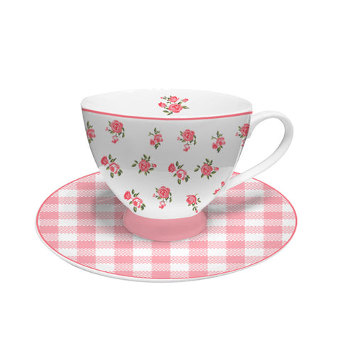 ISABELLE ROSE Porcelain cup and saucer HOLLY white porcelain pink flowers