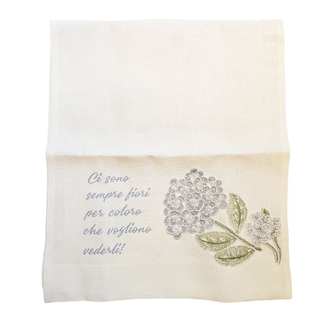 Lena Runner fleurs en lin avec hortensias et phrase fabriqué en Italie 80x32 cm