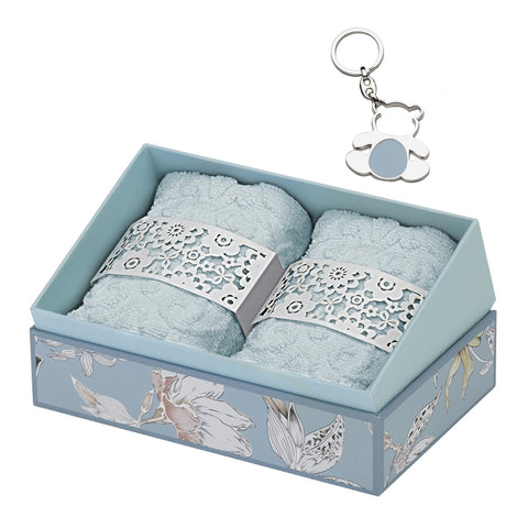 HERVIT Set of 2 light blue cotton washcloths and teddy bear keychain 30x30 cm 28383