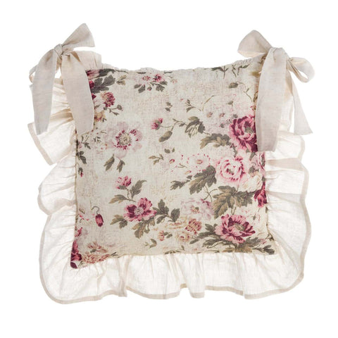 BLANC MARICLO' Set 2 housses de coussin de chaise fleurs roses avec volant beige 40x40 cm