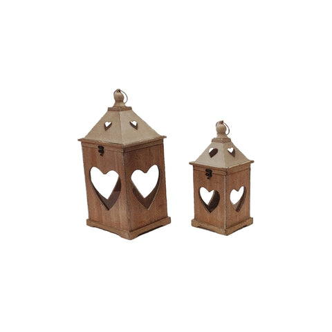 FABRIC CLOUDS Set 2 lanternes avec coeur en bois H40 H52 cm JLS20084