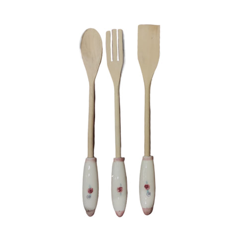 NALI' Set of 3 wooden spoons with white and pink SHABBY porcelain handle h32 cm